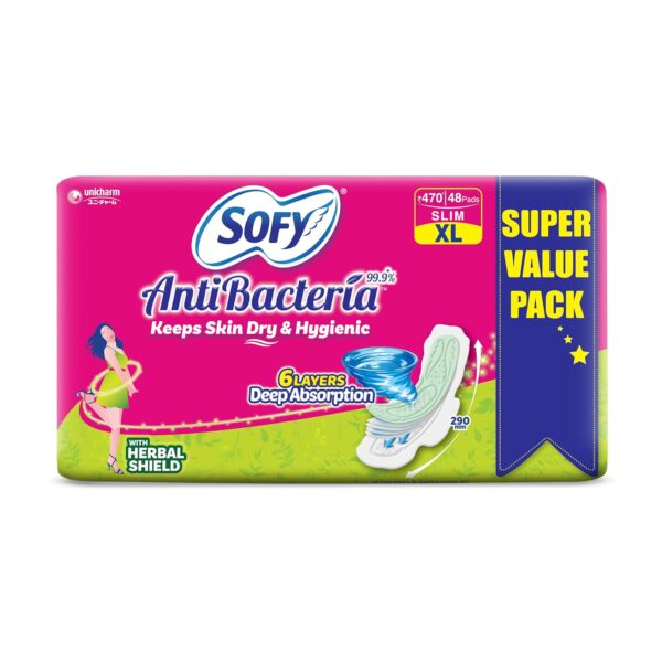 Sofy Anti-Bacteria Sanitary Pads (XL Size - 290 mm) 48 Pads - 6 layer deep absorption & Herbal Shield for Bacterial Protection, Soft on skin with comfy dry top sheet