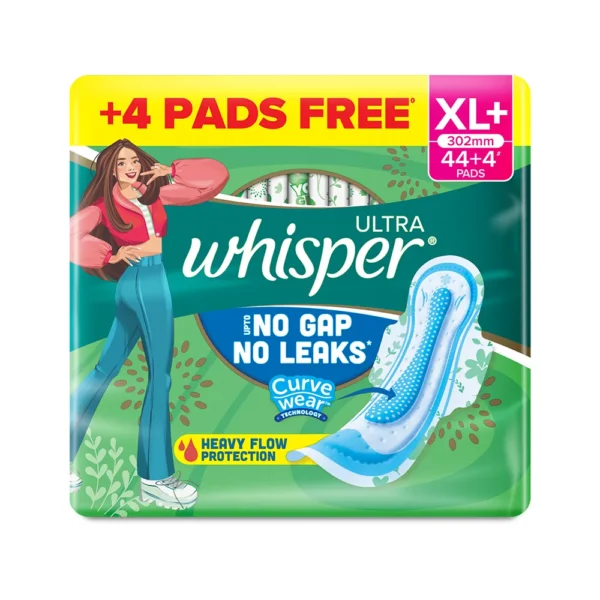 Whisper Ultra Upto No Gap No Leaks Sanitary Pads, 48 XL+ Pads, For Heavy Flow Protection, With CURVEWEAR™ Technology, Cotton Like Softness, Disposable Wrapper, Locks Odour & Wetness